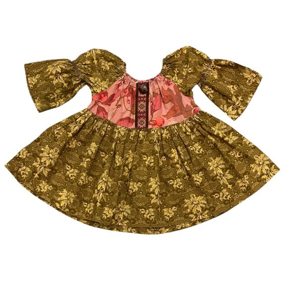 Matilda Jane Other - MATILDA JANE Calico Peasant Top Dress Olive Green/Pink Mauve Wood Button Sz 4